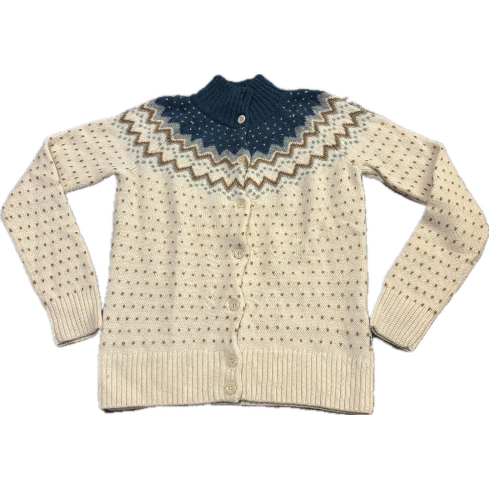 Fjallraven Ovik Knit Cardigan Women L Wool Fair Isle Sweater Cream Blue 84148